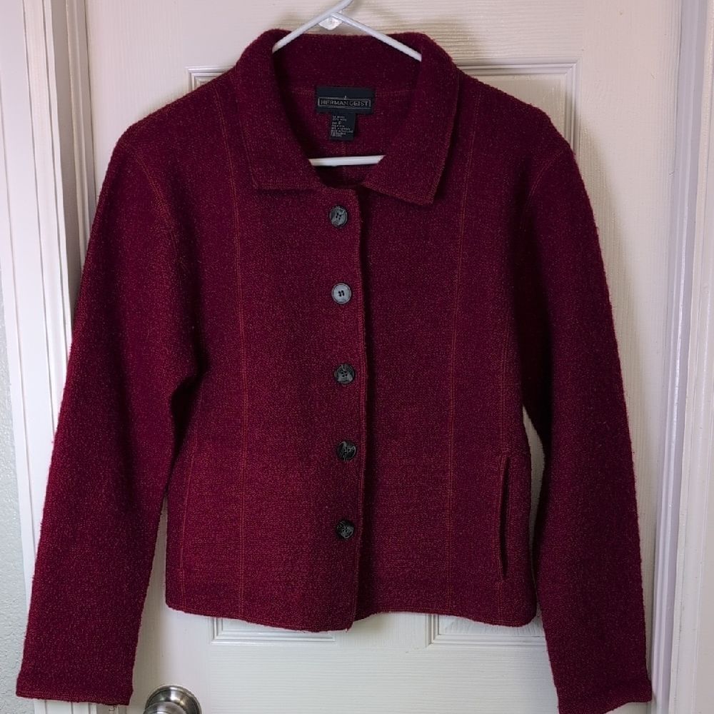 Herman Geist Wool Burgundy Button-Up Blazer